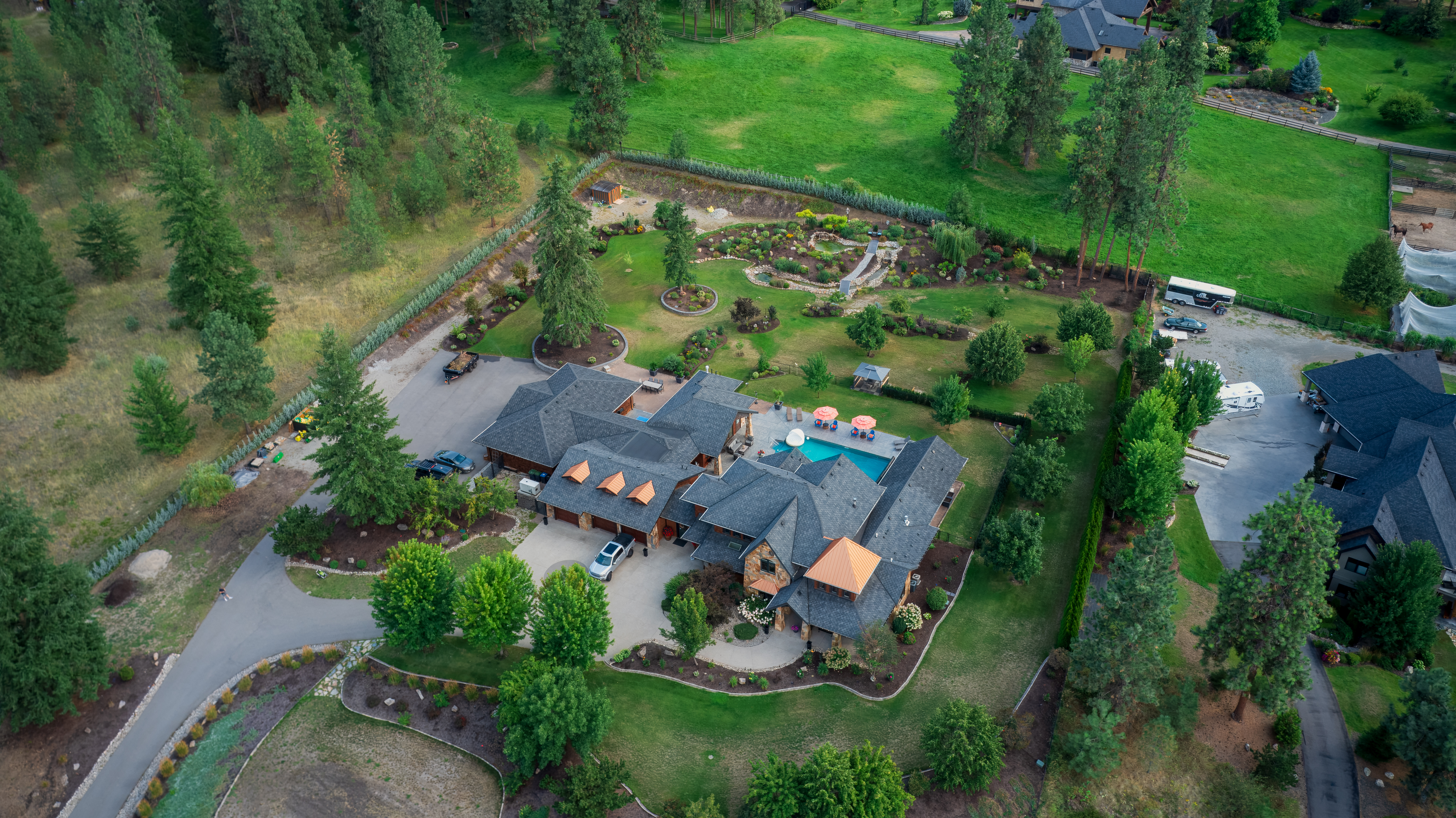 High aerial view of the estate and surrounding nature